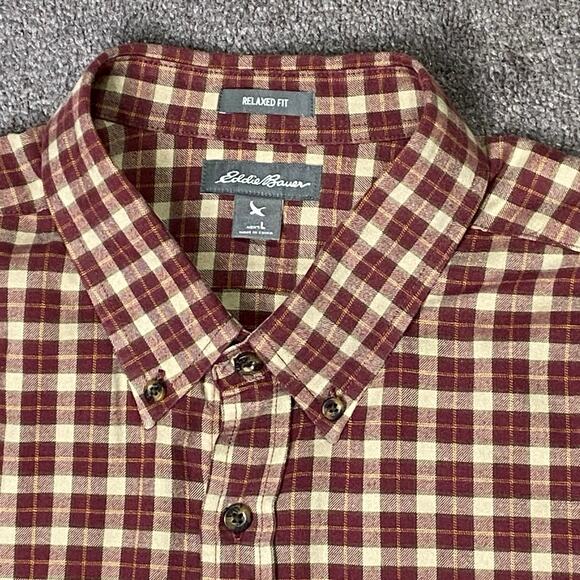 Eddie Bauer Relaxed Fit Mens Large Burgundy Grey Yellow Plaid Long Sleeve Shirt - Picture 4 of 12